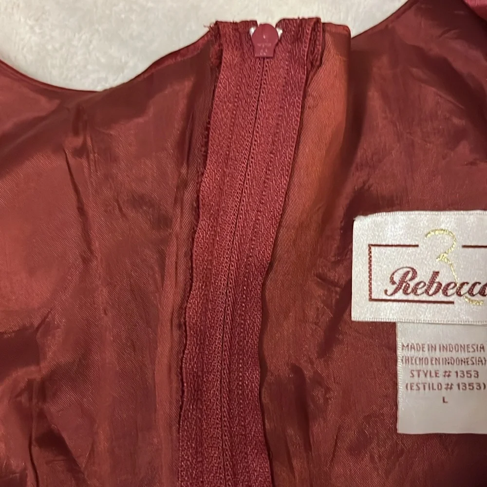 Rebecca Women’s Burgundy Merlot Dark Red Beaded Satin Sheer Formal Prom Gown L